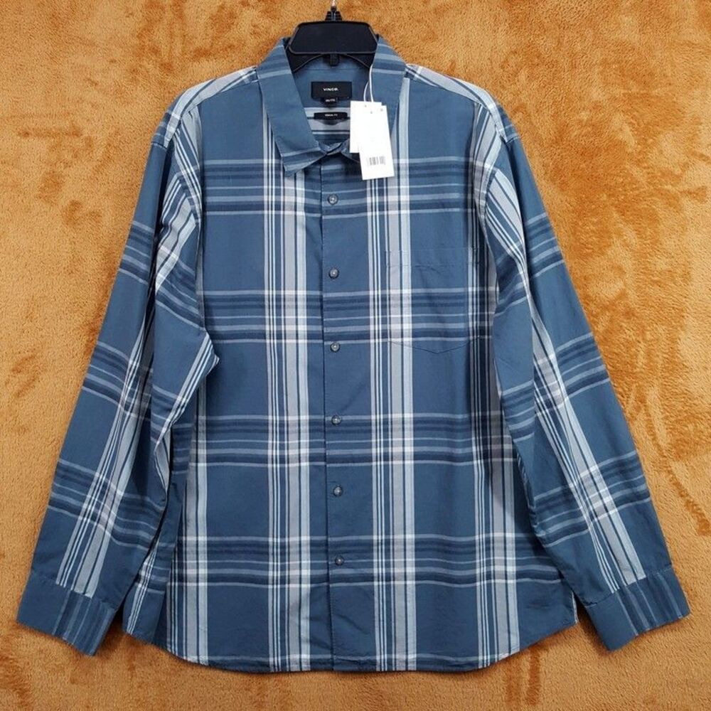 VINCE Shirt Mens XXL Blue Plaid Button Up Pocket Lyocell Cotton LORIMER $198